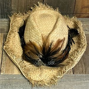 J Hats. Straw Western Hat with Feathers.  One Size.